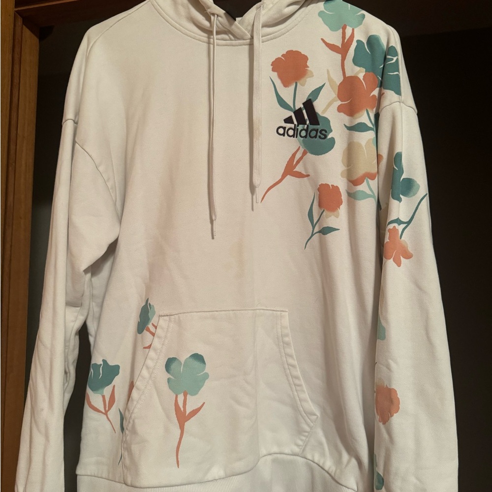 Adidas White Hoodie with Floral Design